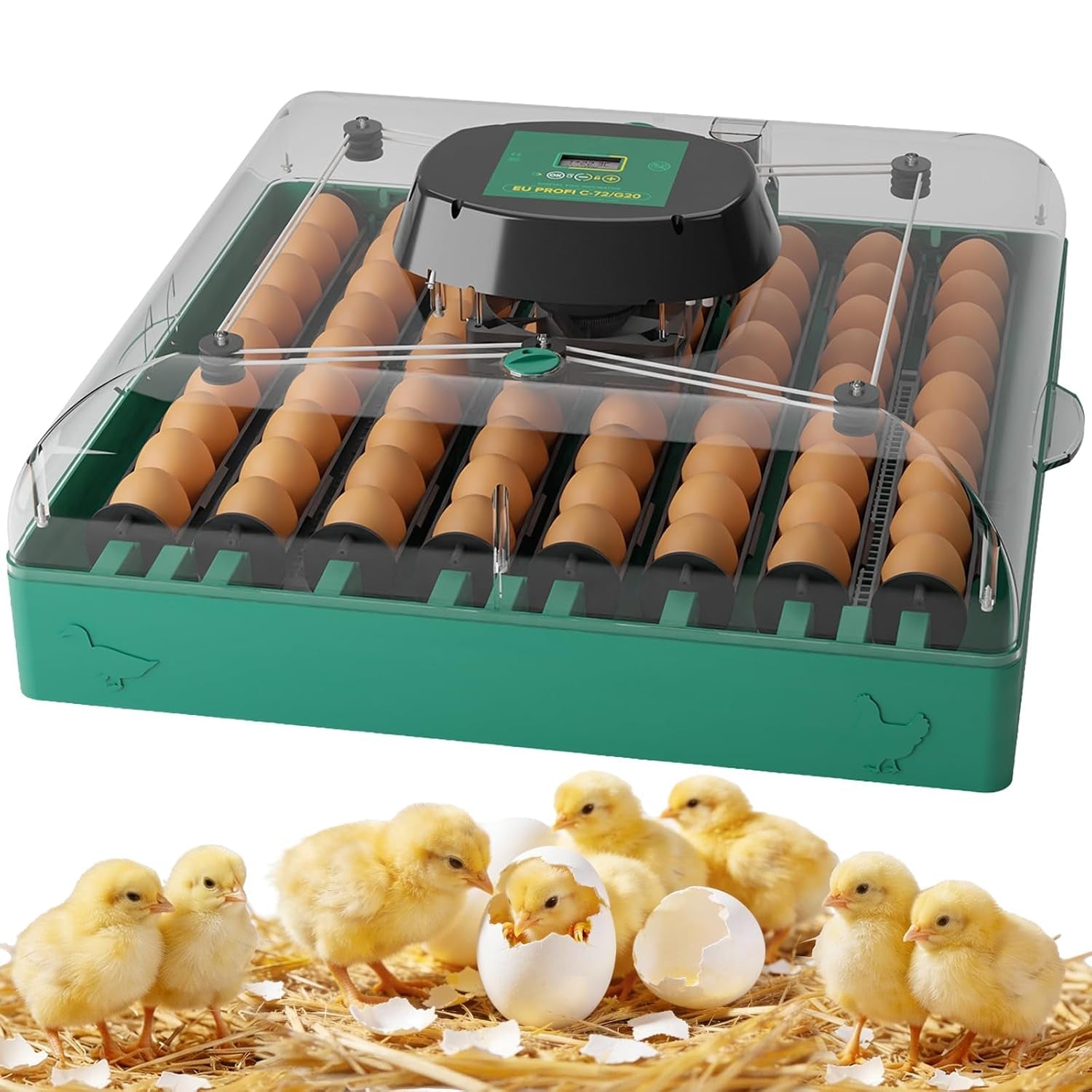 72 egg incubator for chicken and duck eggs, front view