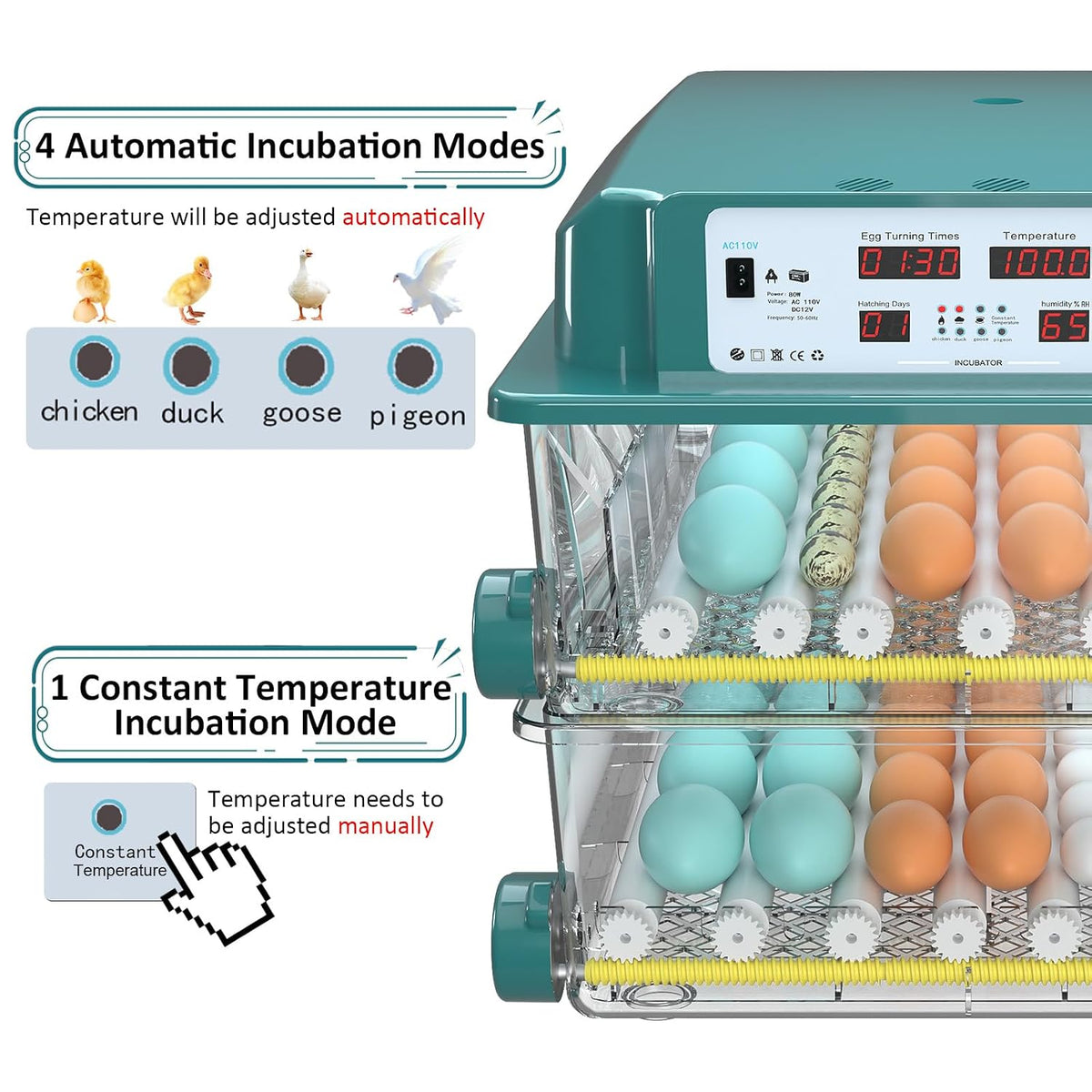 120 egg incubator with 5 preset modes, product photo 2