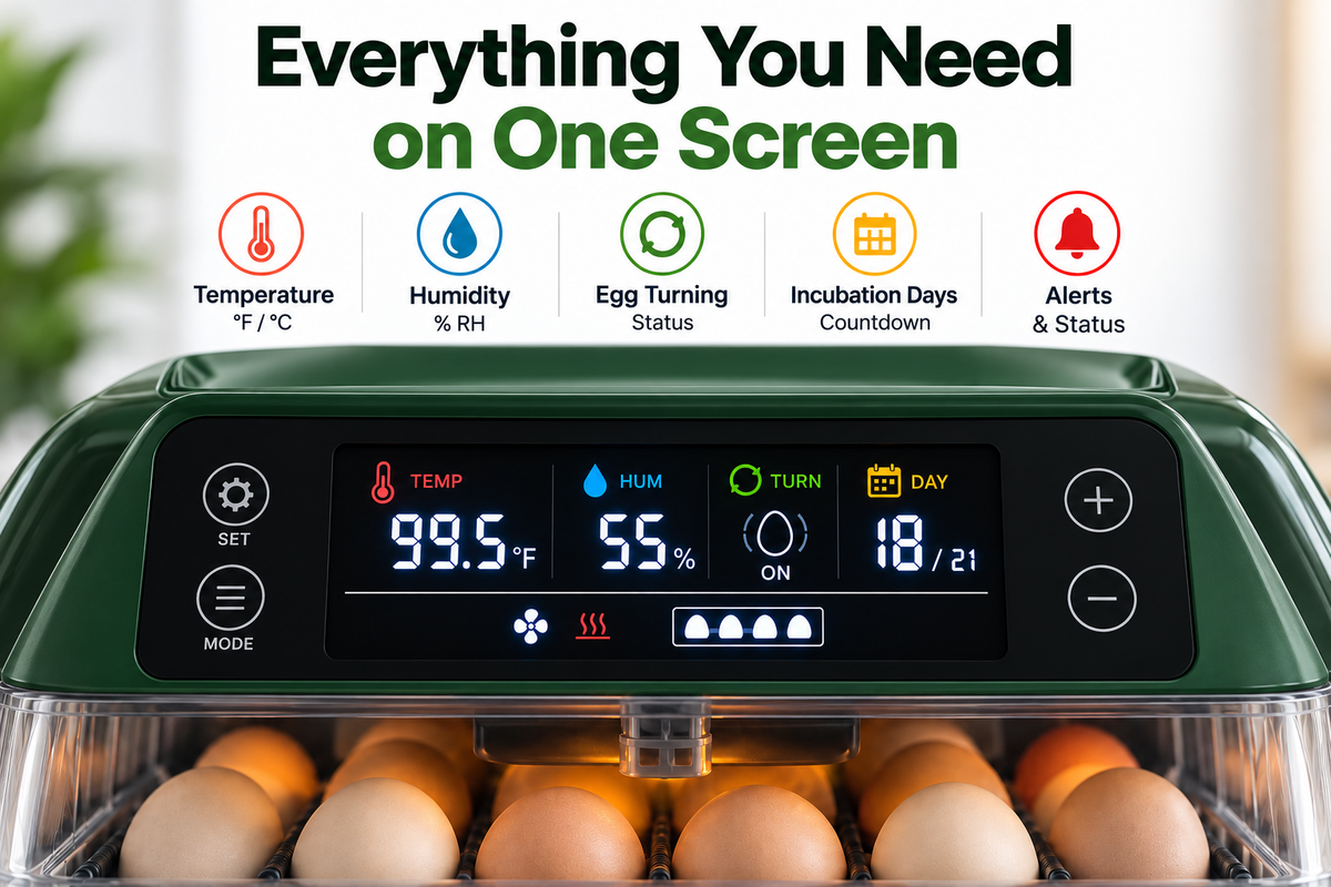 Close-up of an incubator digital display showing temperature and humidity