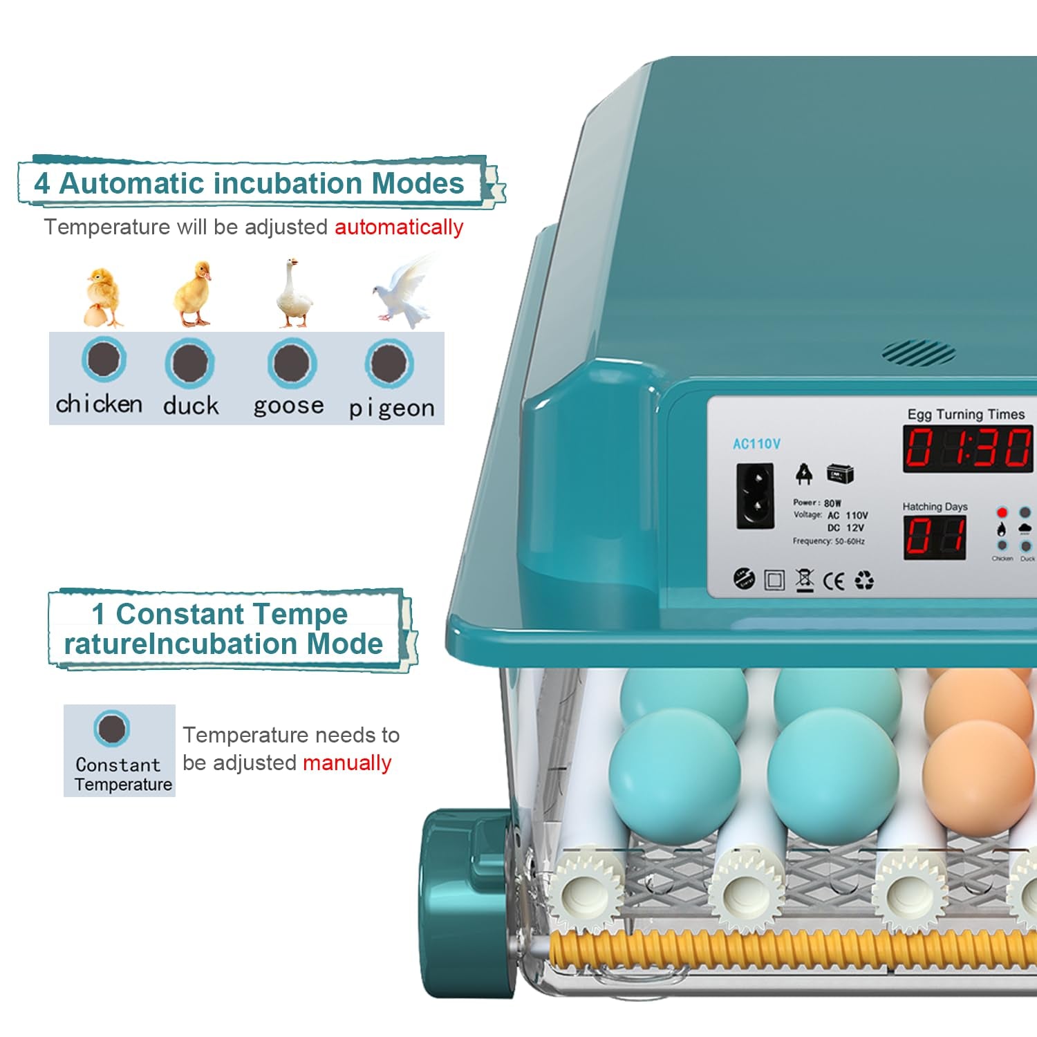 64 egg incubator with day counter, product photo 2