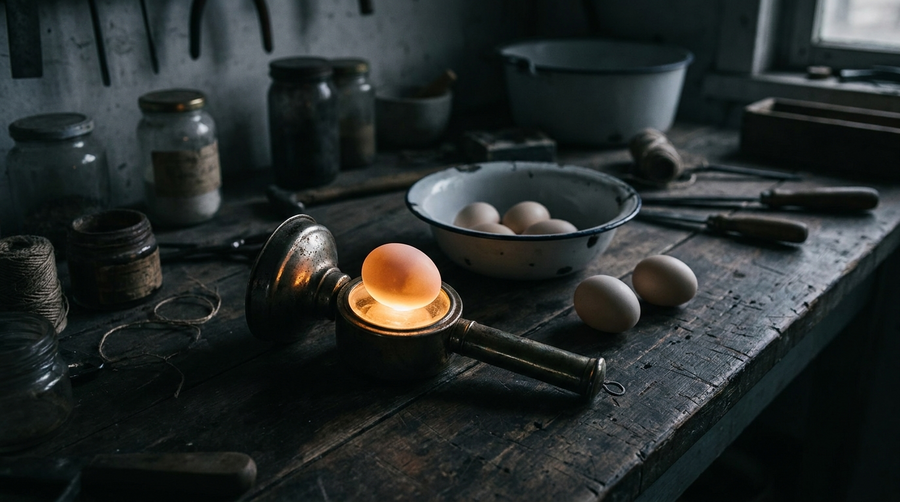 Candling lamp on a workbench with a chicken egg glowing on its aperture, more eggs in a bowl beside it