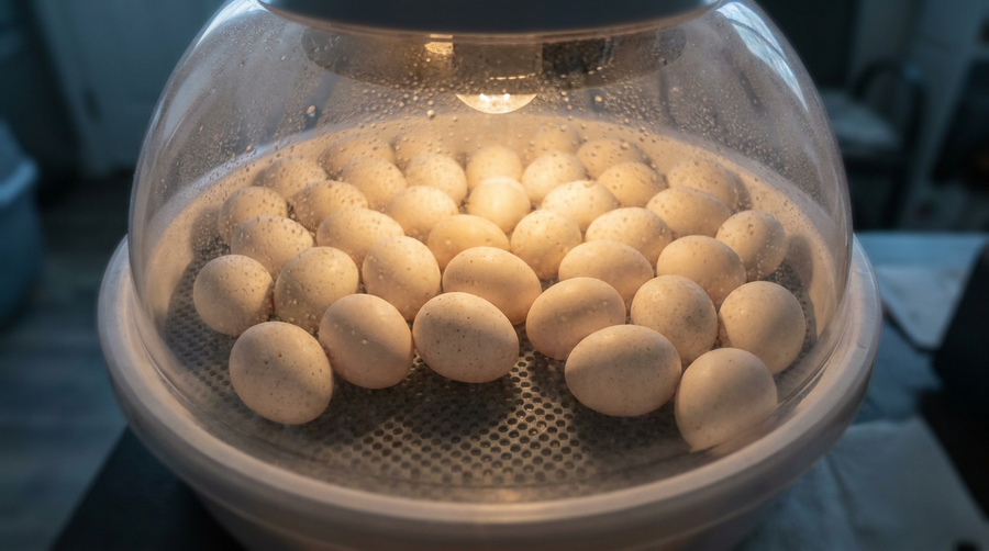 Chicken eggs resting on the hatching mat under the closed dome of an incubator at lockdown