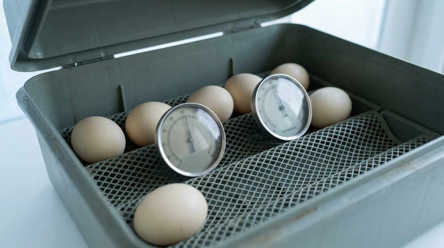 Analog thermometer and hygrometer resting among chicken eggs inside an incubator