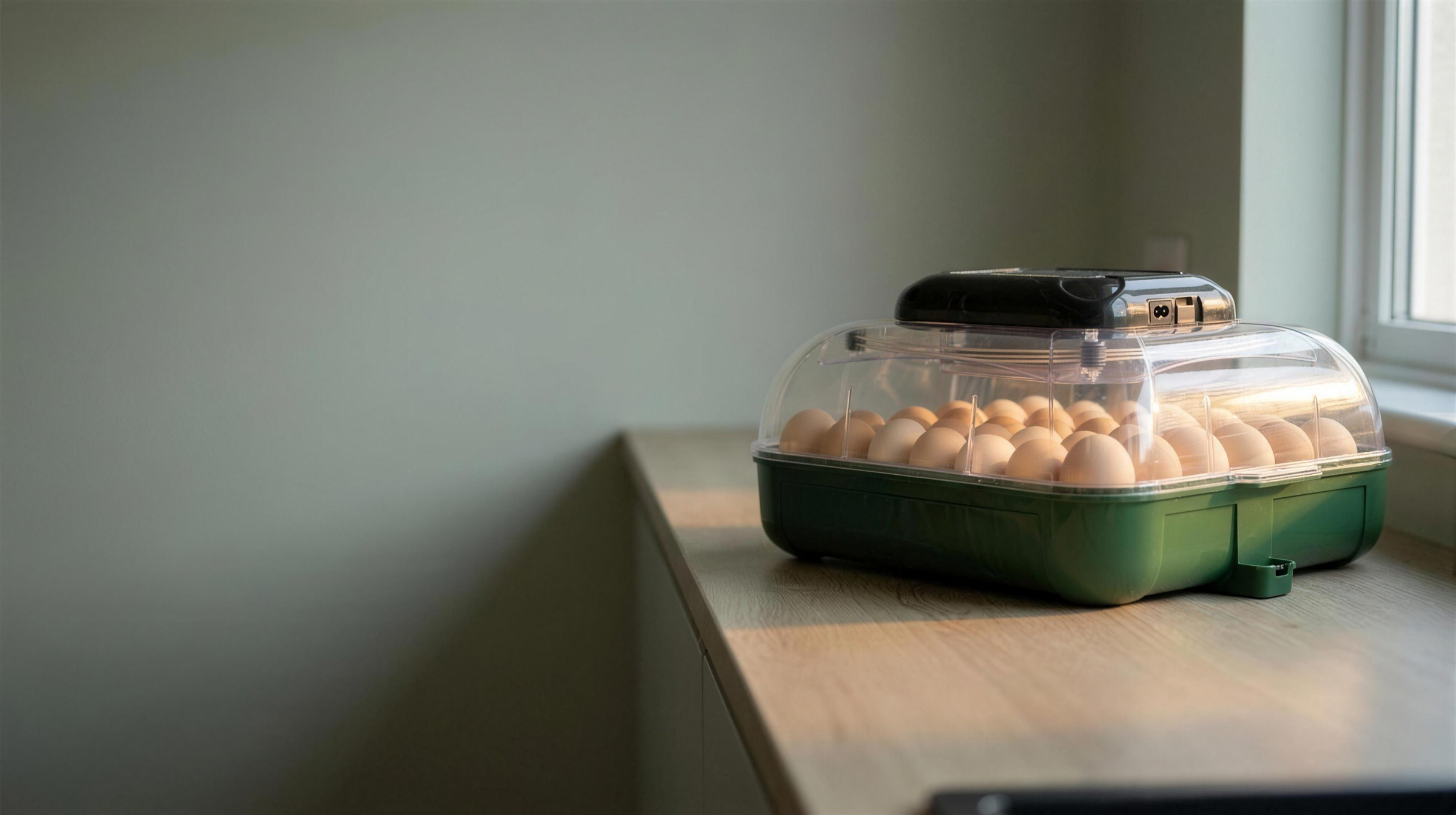 Automatic egg incubator with a clear dome on a kitchen counter, chicken eggs visible inside