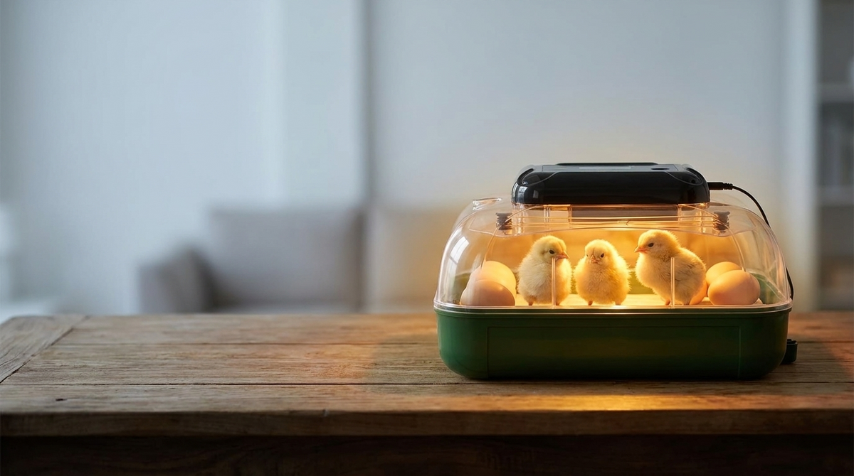 Newly hatched chicks standing under the clear dome of an automatic egg incubator