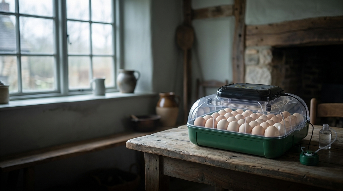 Automatic egg incubator on a farmhouse table with eggs visible through the lid