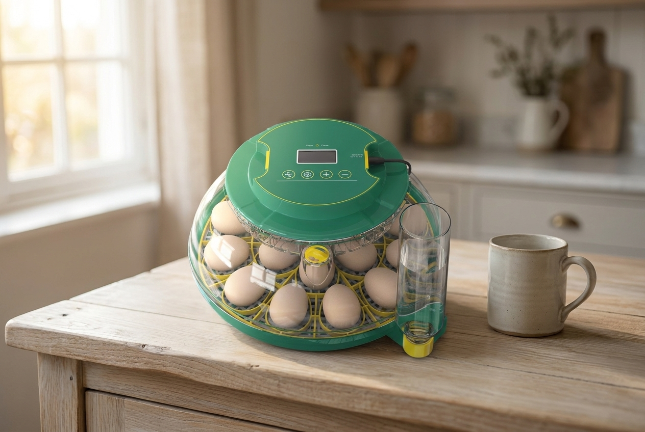 18 egg incubator on a kitchen counter beside a ceramic mug for scale