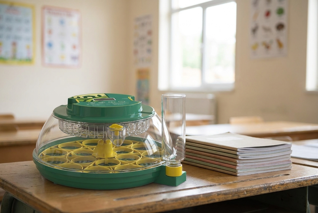 18 egg incubator on a classroom table beside exercise books