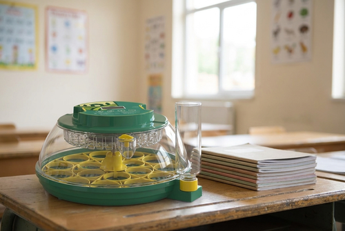 18 egg incubator on a classroom table beside exercise books