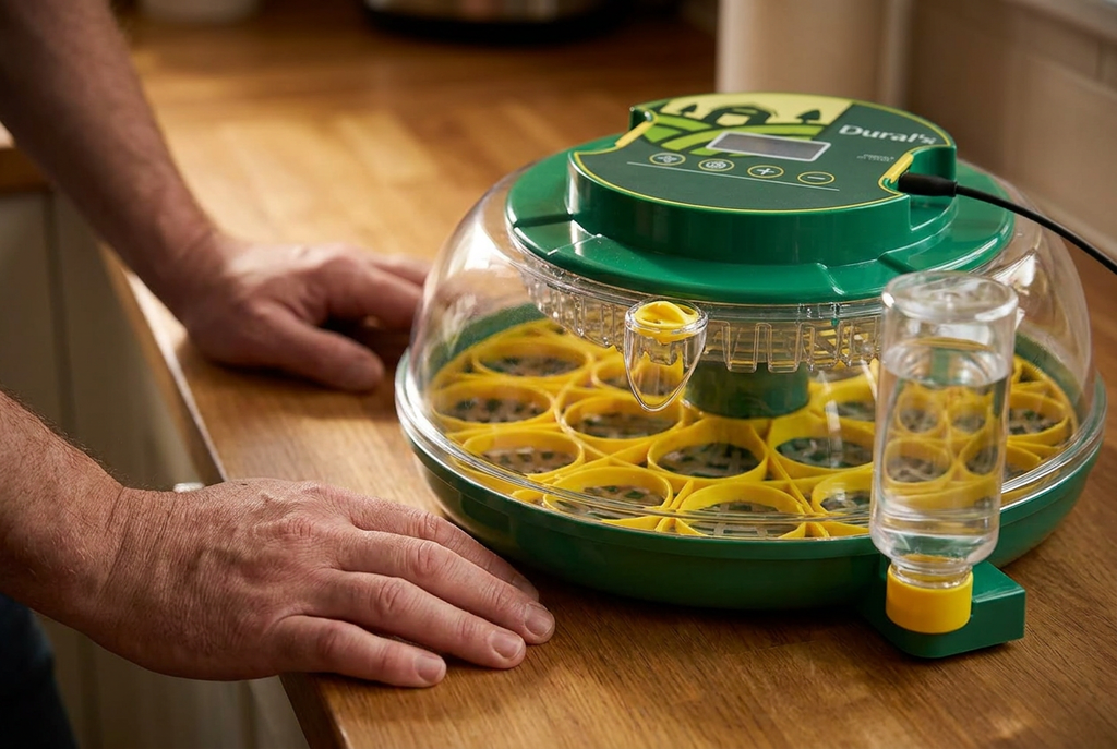 Close-up of the 18 egg incubator with hands resting on the counter beside it