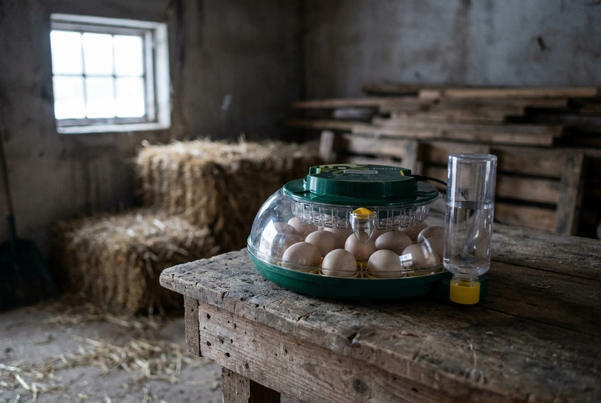 18 egg incubator on a wooden workbench in a barn in late winter