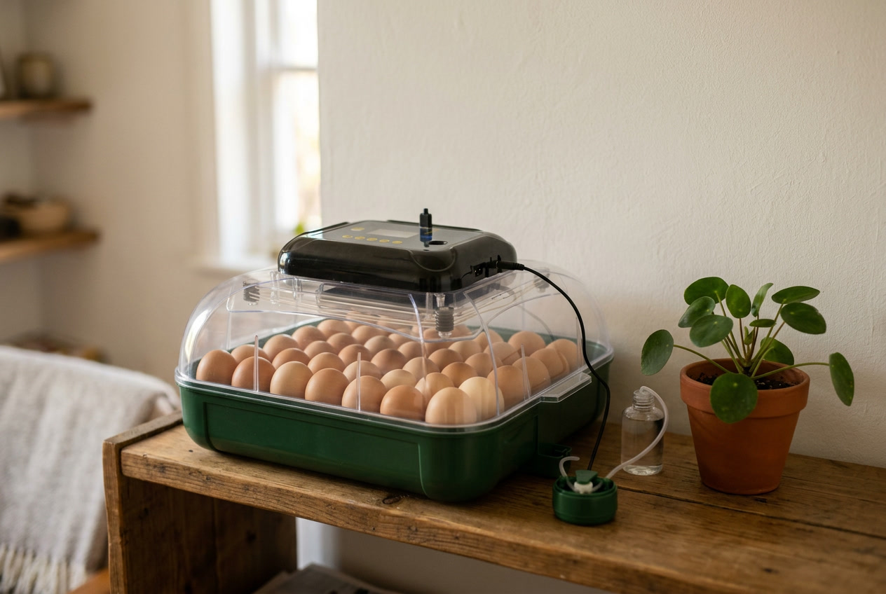 24 egg incubator on a shelf in a bright spare room