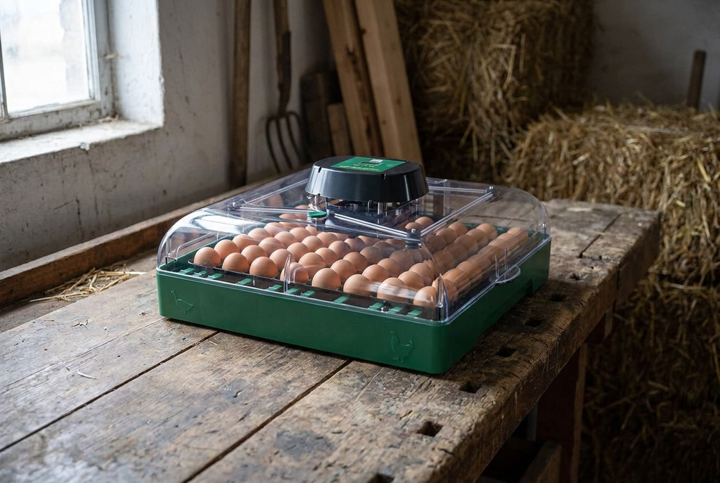72 egg incubator on a workbench in a barn in late winter