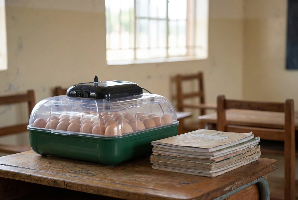 24 egg incubator on a classroom table beside exercise books