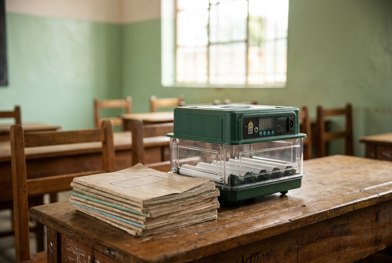 6 and 12 egg incubator on a classroom table beside exercise books