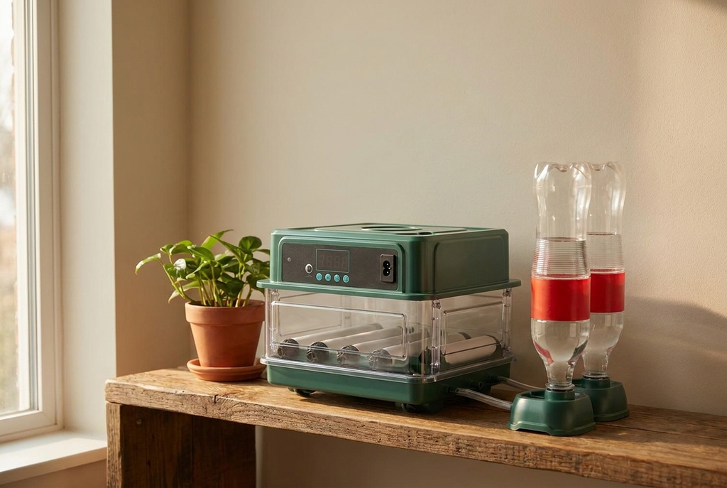 6 and 12 egg incubator on a shelf in a bright spare room