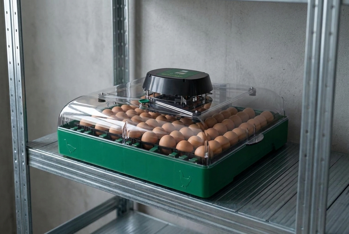 72 egg incubator on metal shelving in a dedicated breeding room