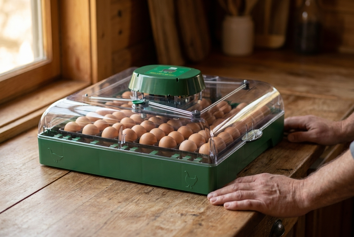 Close-up of the 72 egg incubator with hands resting beside it