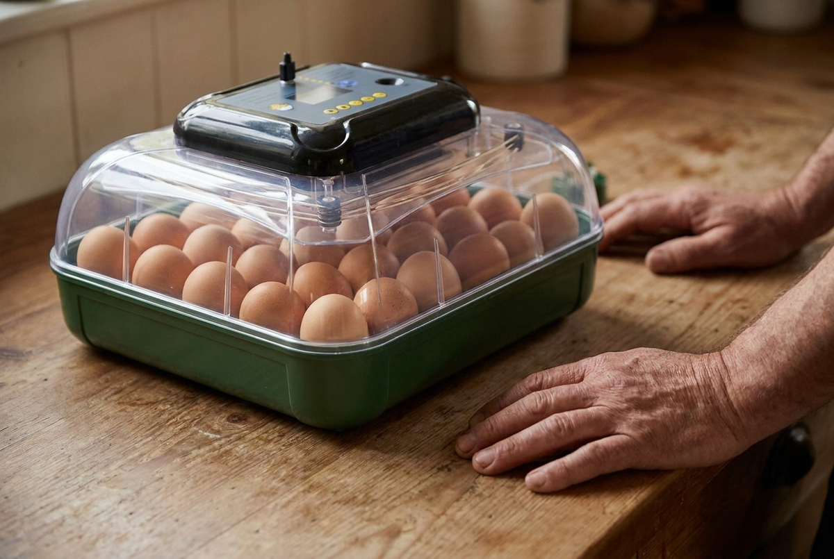 Close-up of the 24 egg incubator with hands resting on the counter beside it