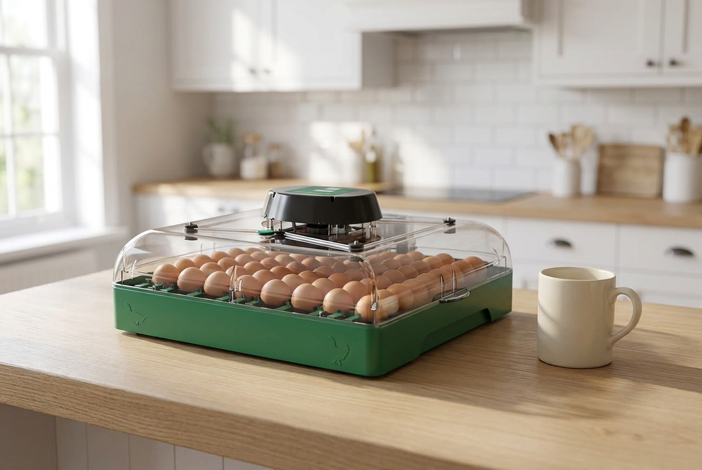 72 egg incubator on a kitchen counter beside a ceramic mug for scale