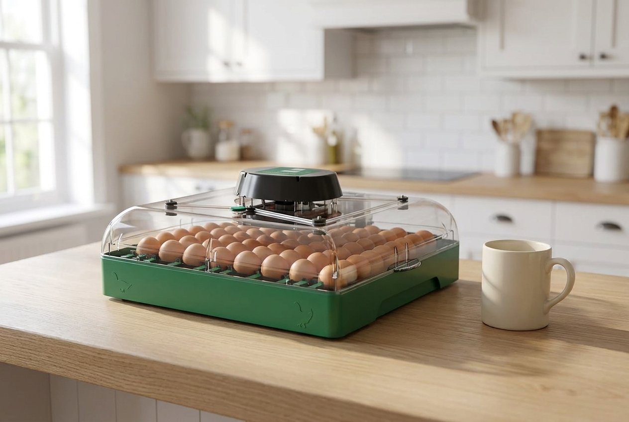 72 egg incubator on a kitchen counter beside a ceramic mug for scale