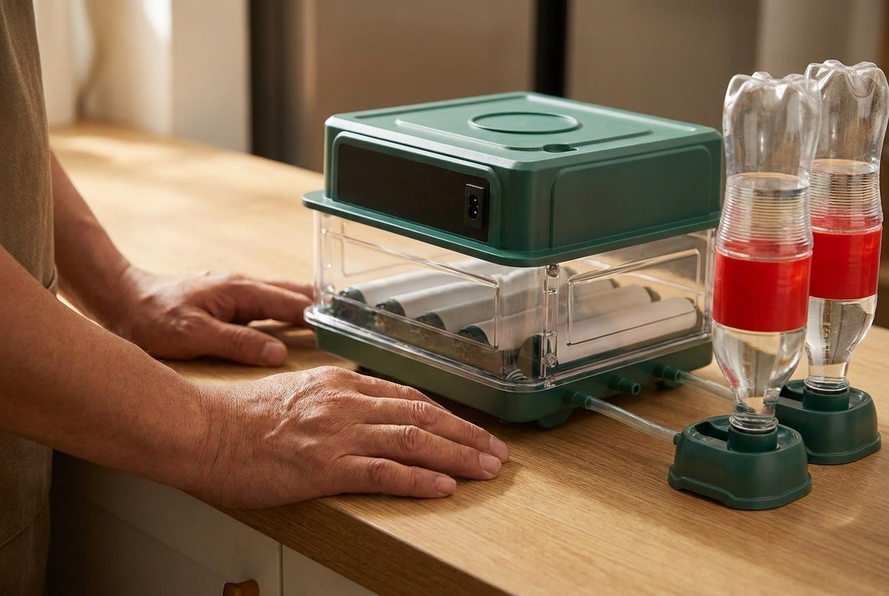 Close-up of the 6 and 12 egg incubator with hands resting beside it