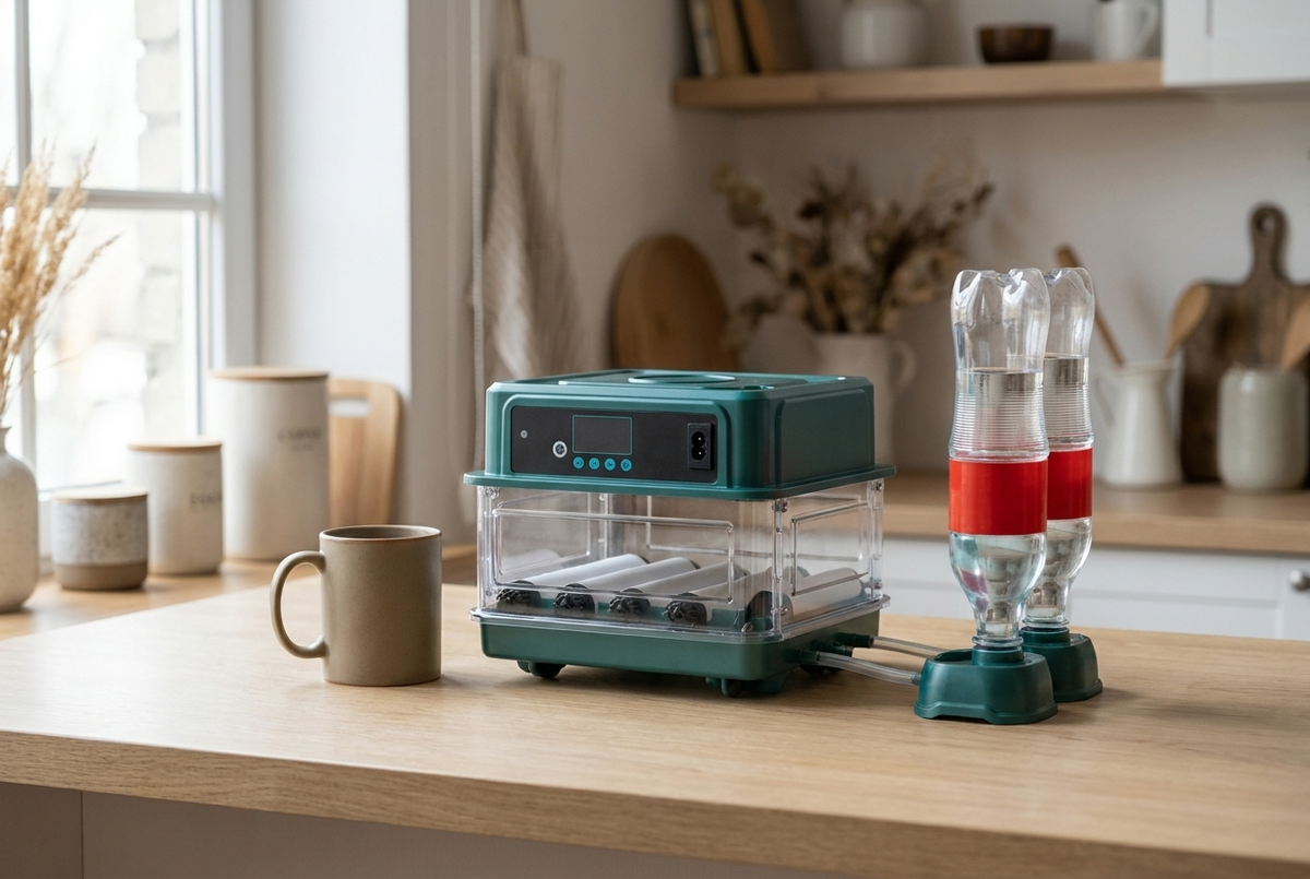 6 and 12 egg incubator on a kitchen counter beside a ceramic mug for scale