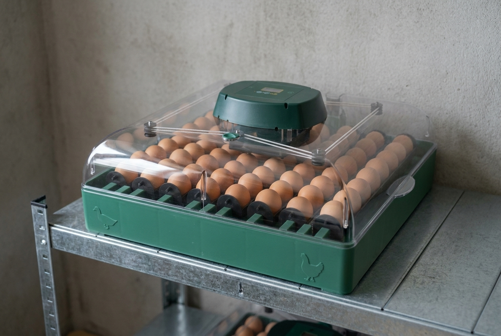 72 egg incubator on metal shelving in a dedicated breeding room