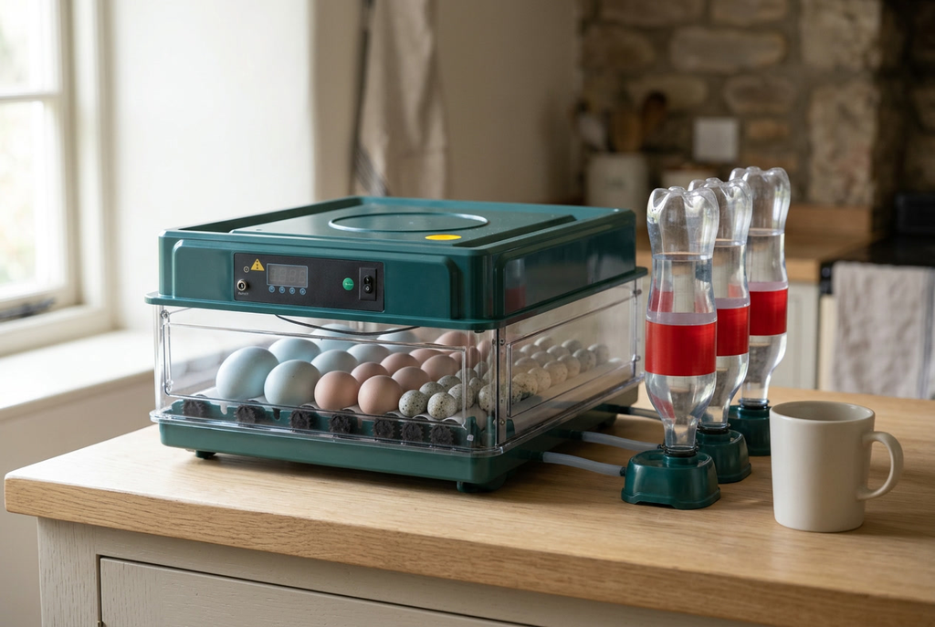 38 egg incubator on a kitchen counter beside a ceramic mug for scale