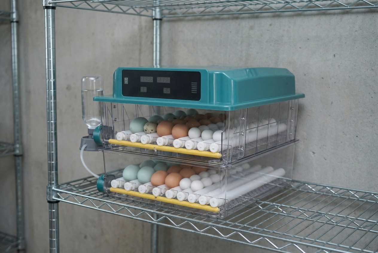 120 egg incubator on metal shelving in a dedicated breeding room