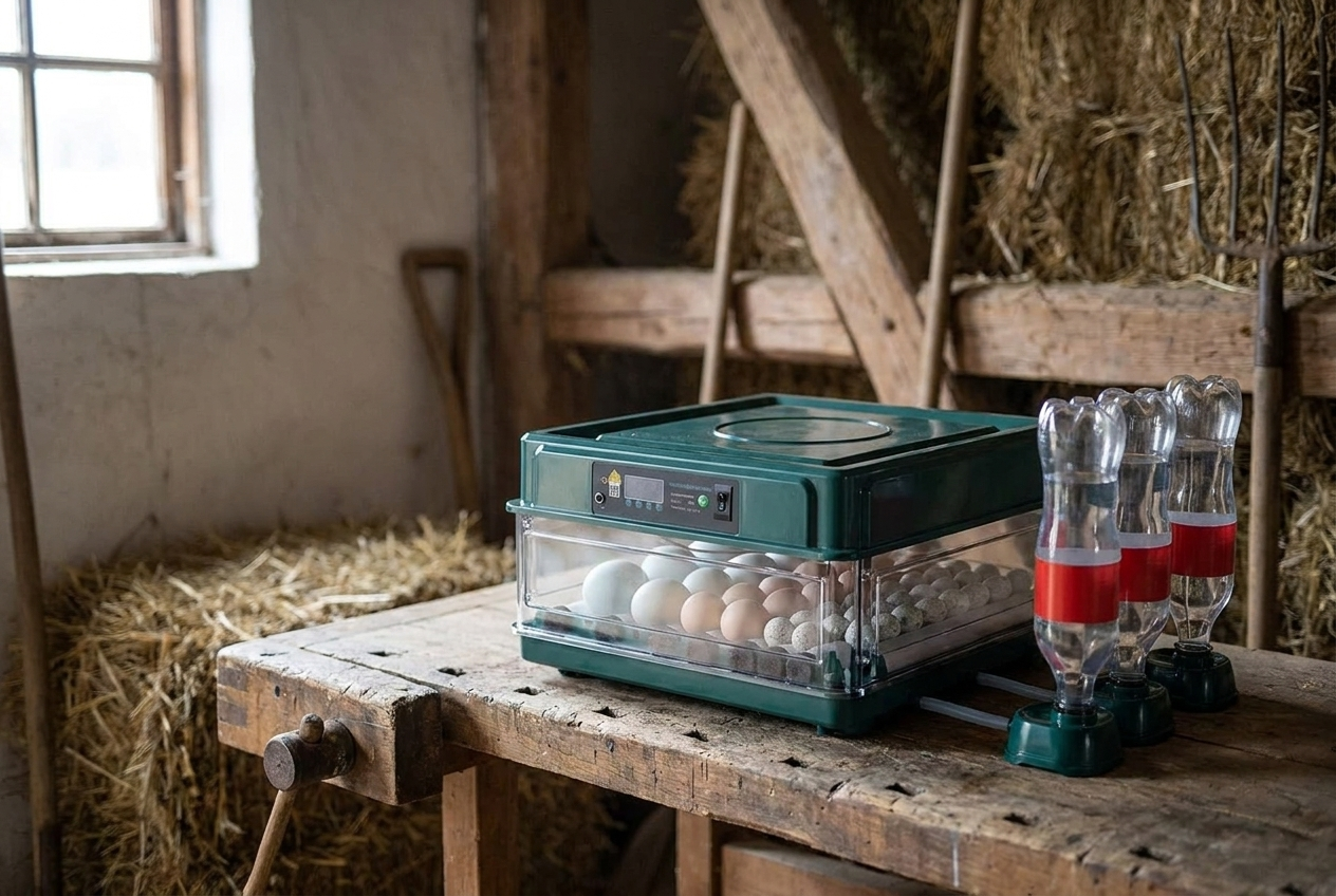 38 egg incubator on a workbench in a barn in late winter