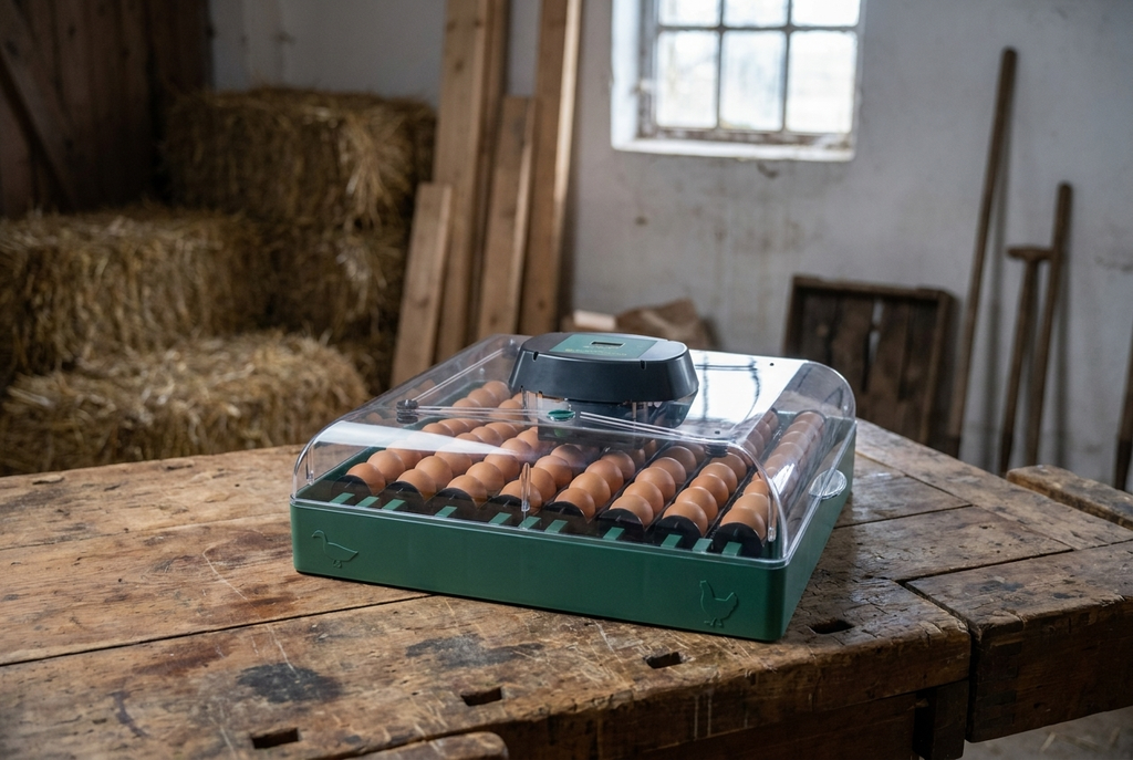 72 egg incubator on a workbench in a barn in late winter