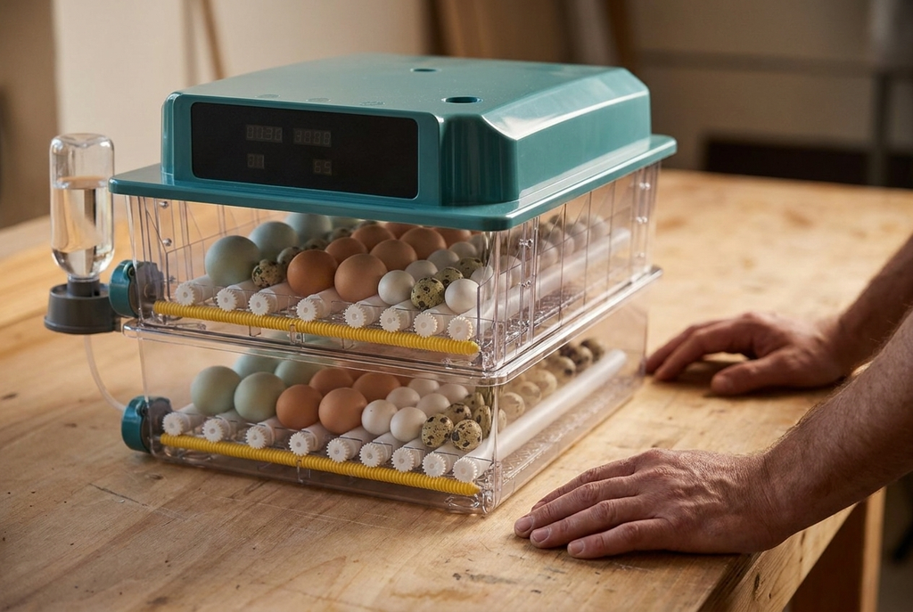 Close-up of the 120 egg incubator with hands resting on the bench beside it