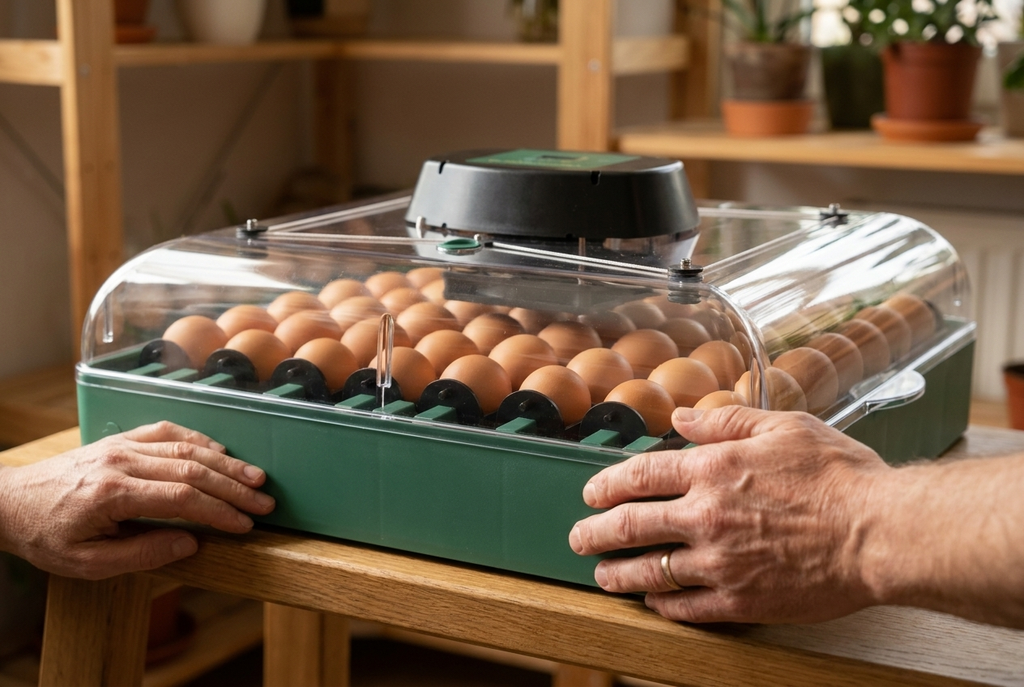 Close-up of the 72 egg incubator with hands resting on the bench beside it