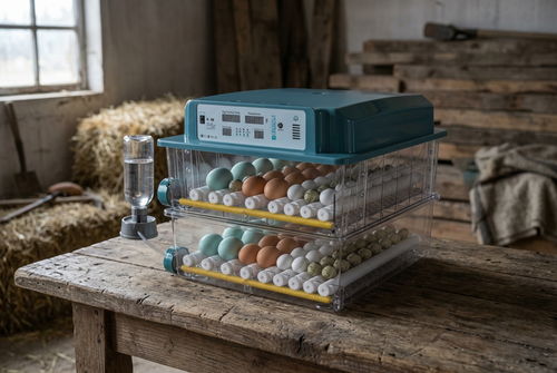 120 egg incubator on a workbench in a barn in late winter