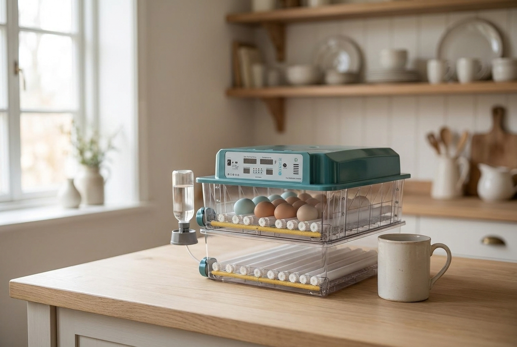 120 egg incubator on a kitchen counter beside a ceramic mug for scale