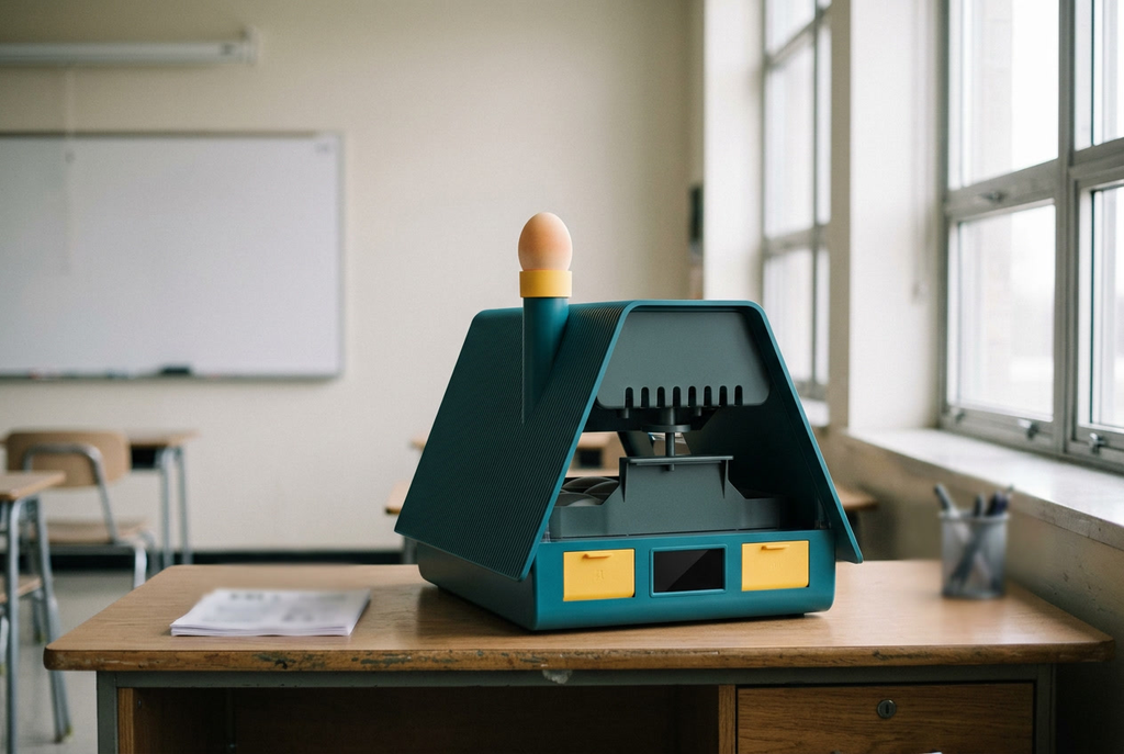 10 egg incubator on a teacher's desk near a classroom window