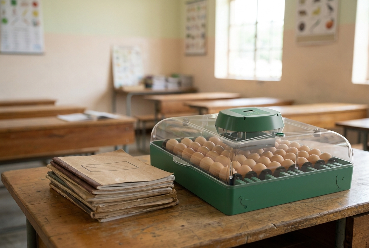 72 egg incubator on a classroom table beside exercise books