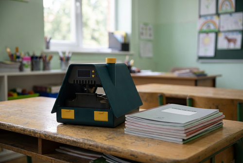10 egg incubator on a classroom table beside exercise books