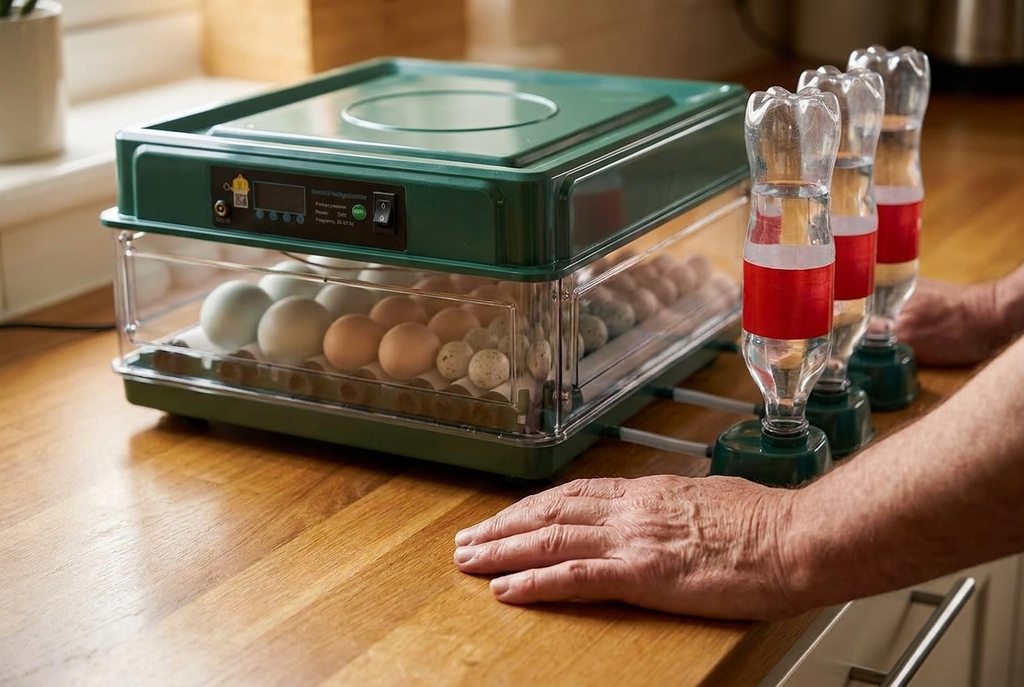 Close-up of the 38 egg incubator with hands resting on the counter beside it