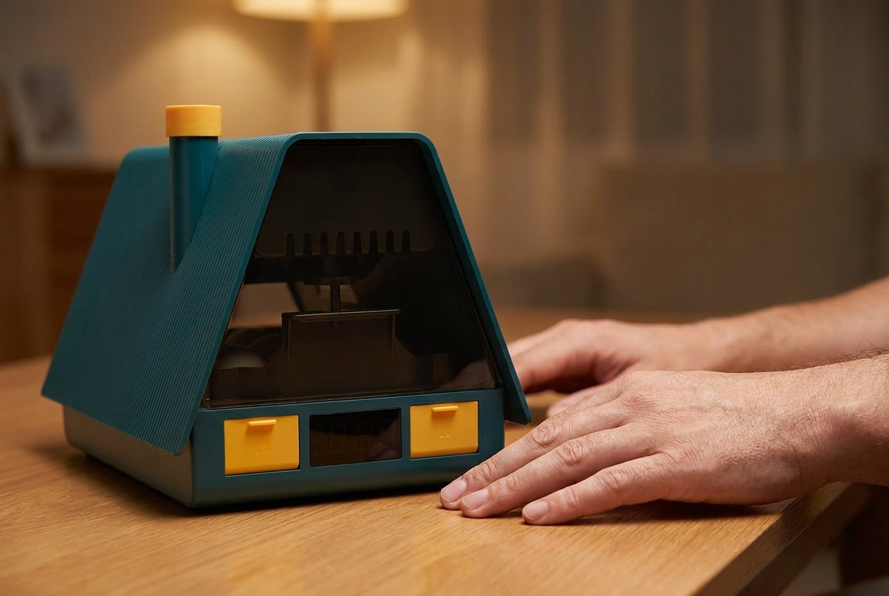 Close-up of the 10 egg incubator with hands resting on the table beside it