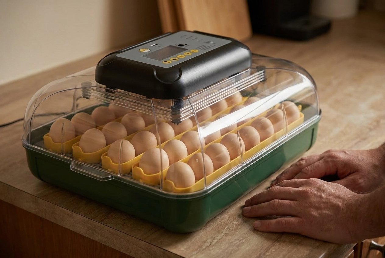 Close-up of the 30 egg incubator with hands resting on the counter beside it