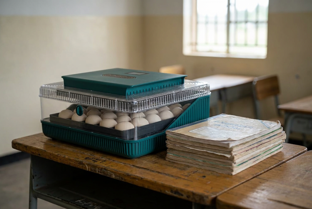 25 egg incubator on a classroom table beside exercise books