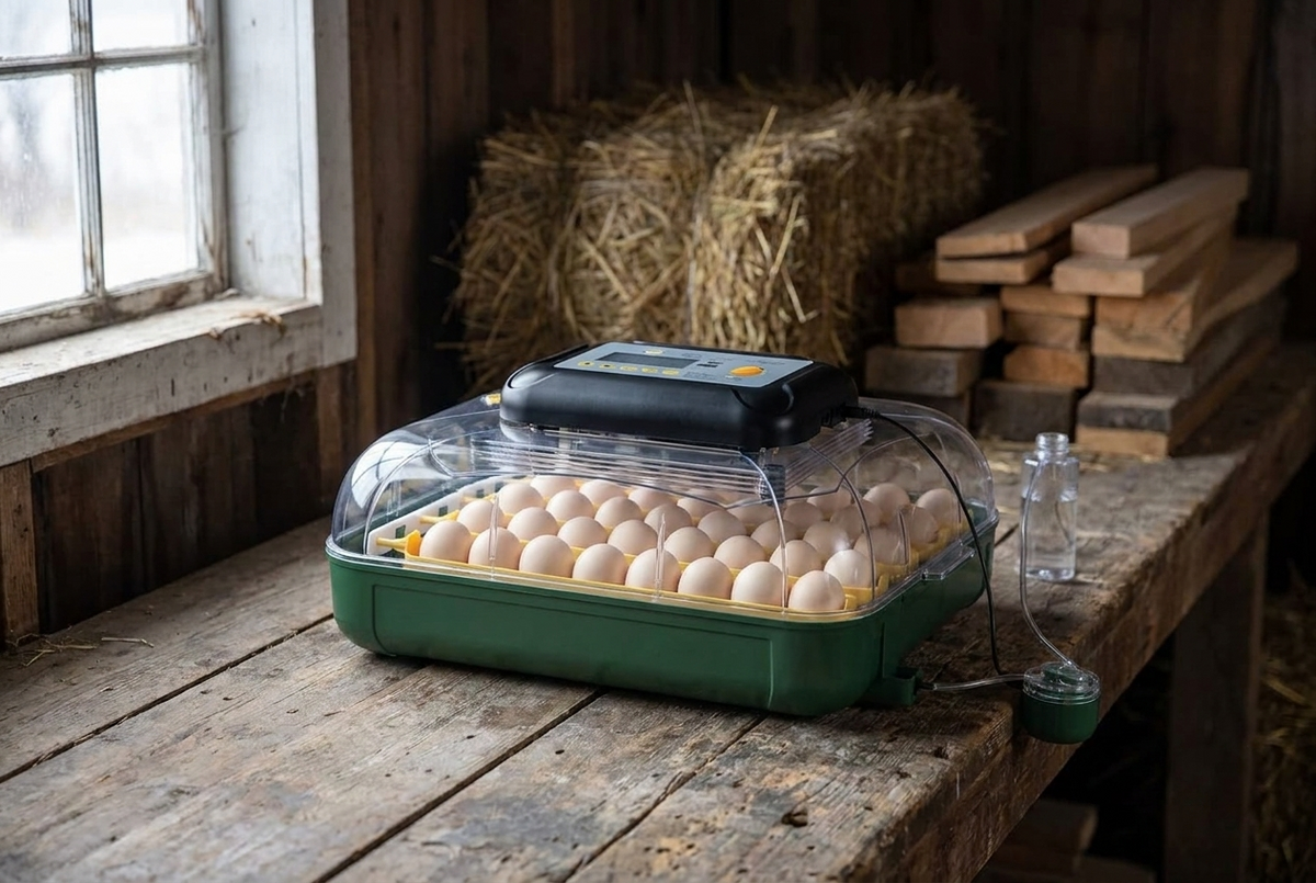 30 egg incubator on a workbench in a barn in late winter