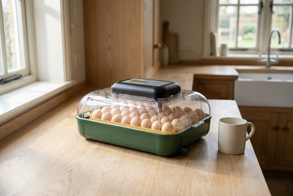 30 egg incubator on a kitchen counter beside a ceramic mug for scale