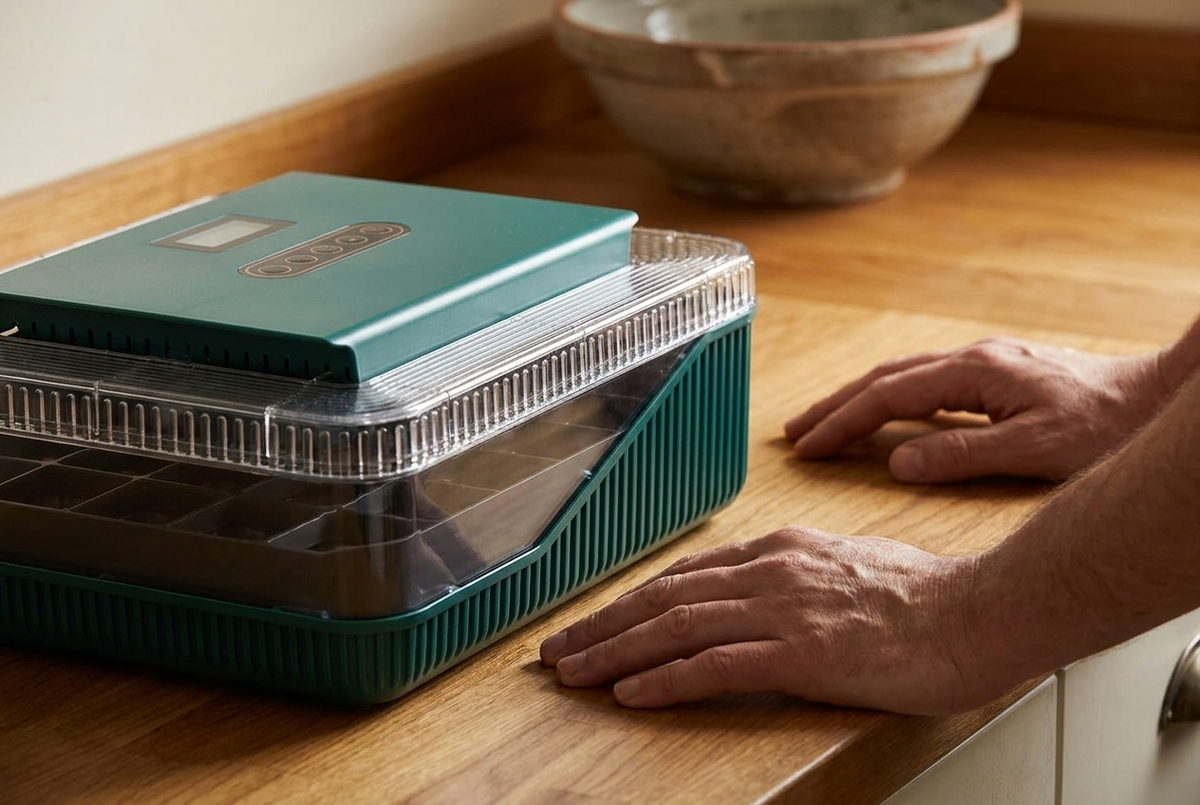 Close-up of the 25 egg incubator with hands resting on the counter beside it