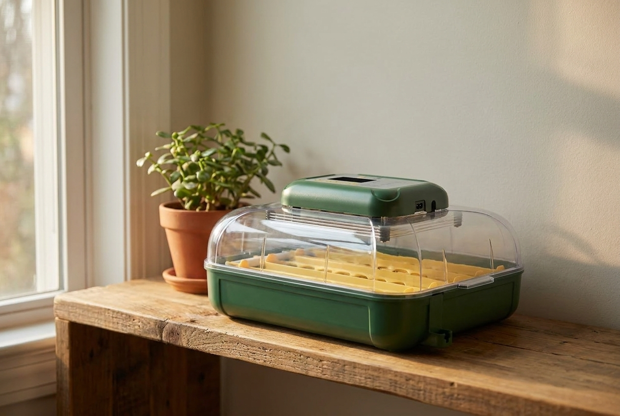 30 egg incubator on a shelf in a bright spare room