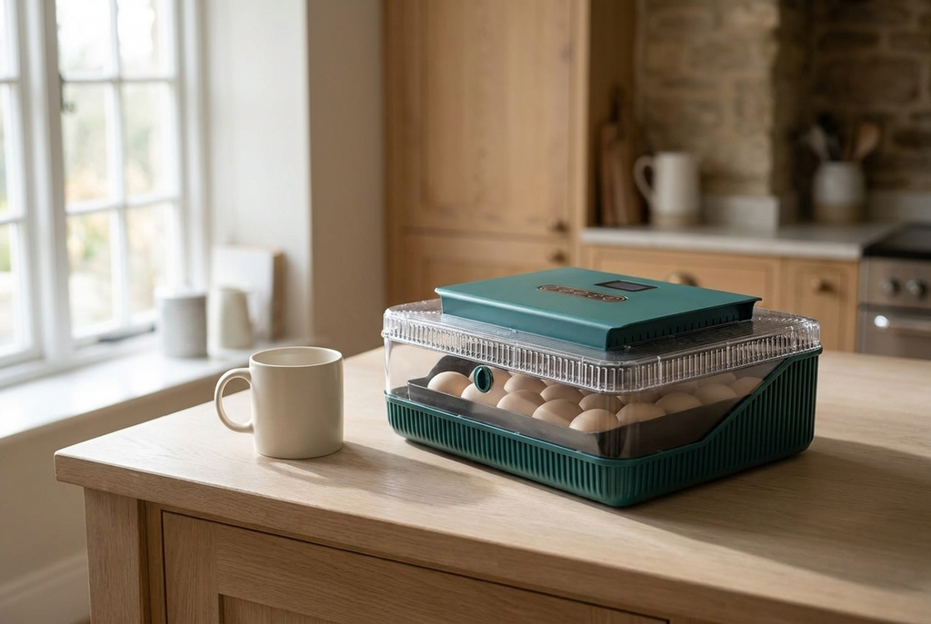 25 egg incubator on a kitchen counter beside a ceramic mug for scale
