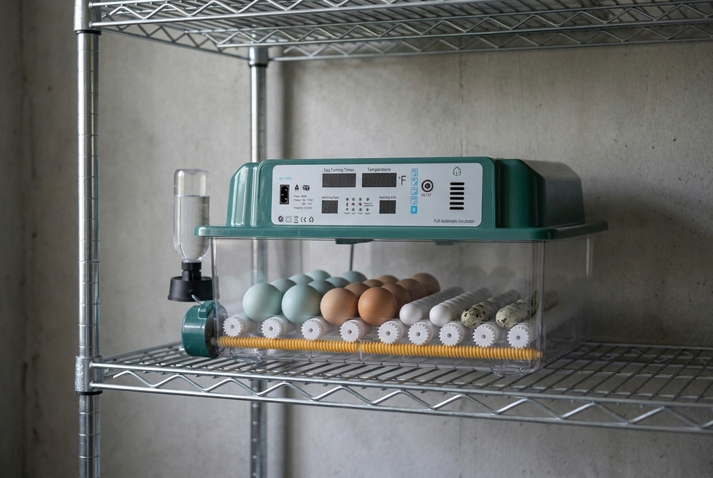 64 egg incubator on metal shelving in a dedicated breeding room