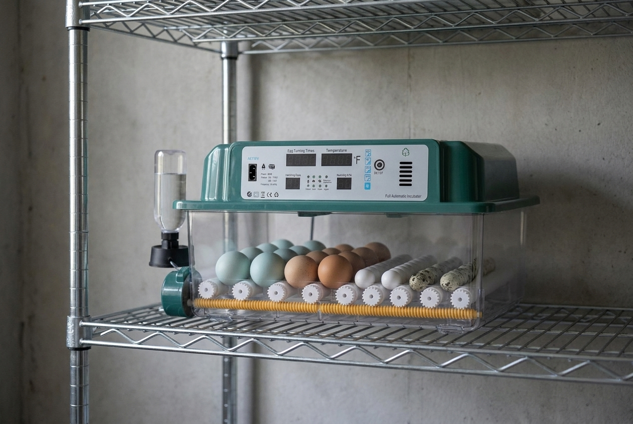 64 egg incubator on metal shelving in a dedicated breeding room